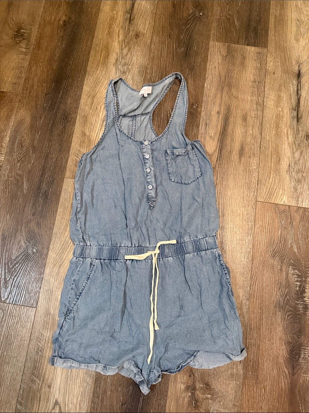 Pink Lily Light Blue Denim-Style Romper with Drawstring